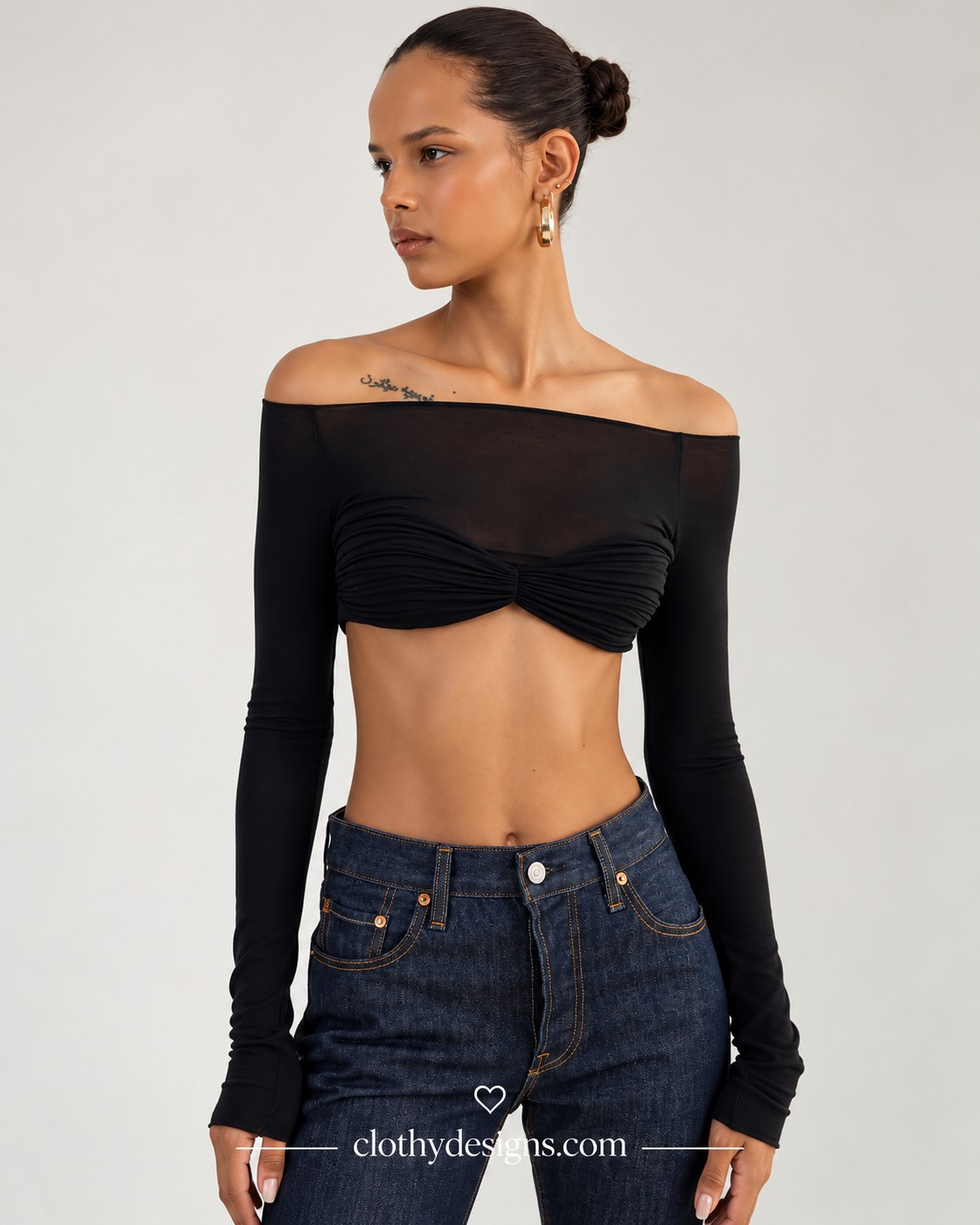 Women's Off-Shoulder Ruched Crop Top – Long Sleeve Sheer Knit Backless Slim-Fit Top